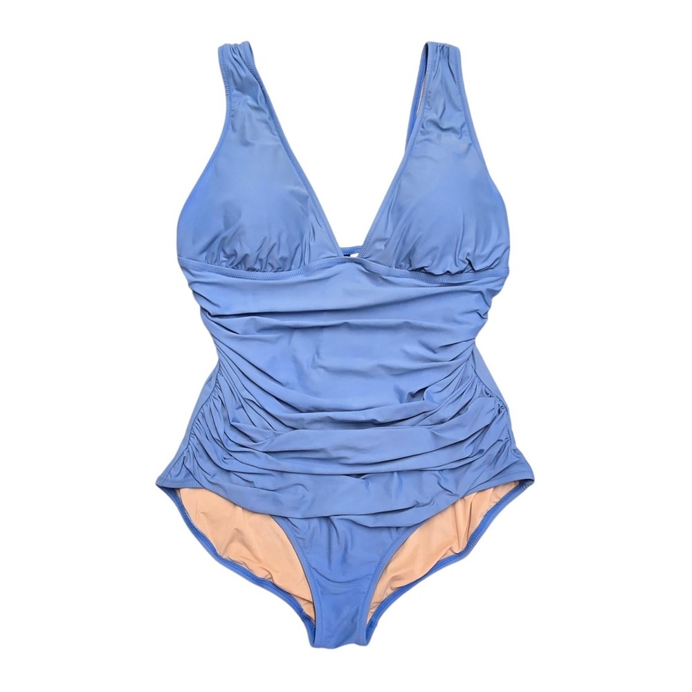 J Crew One Piece Swimsuit Womens 18 Blue Ruched Deep V Neck Coastal Beach Summer